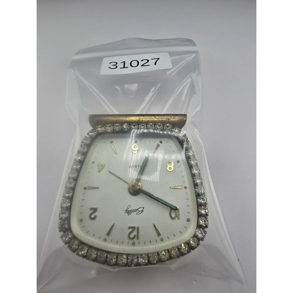 Vintage Bradley Alarm Clock Gold Tone Rhinestone Bezel West Germany 2.5in